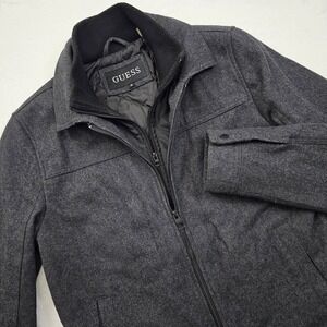 GUESS Mens Medium Wool Blend Jacket Charcoal Gray Quilted Lining Button Zip Coat